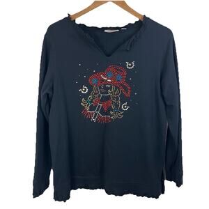 Quaker Factory Rhinestone Cowgirl Sweatshirt Womens M Medium Lettuce Trim